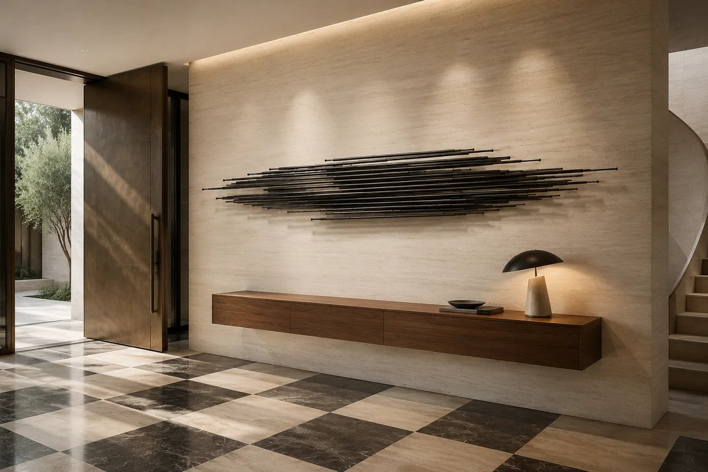 Graphite steel wall sculpture Saeta, a single tapered blade laid across a concealed rail, on a plaster wall.
