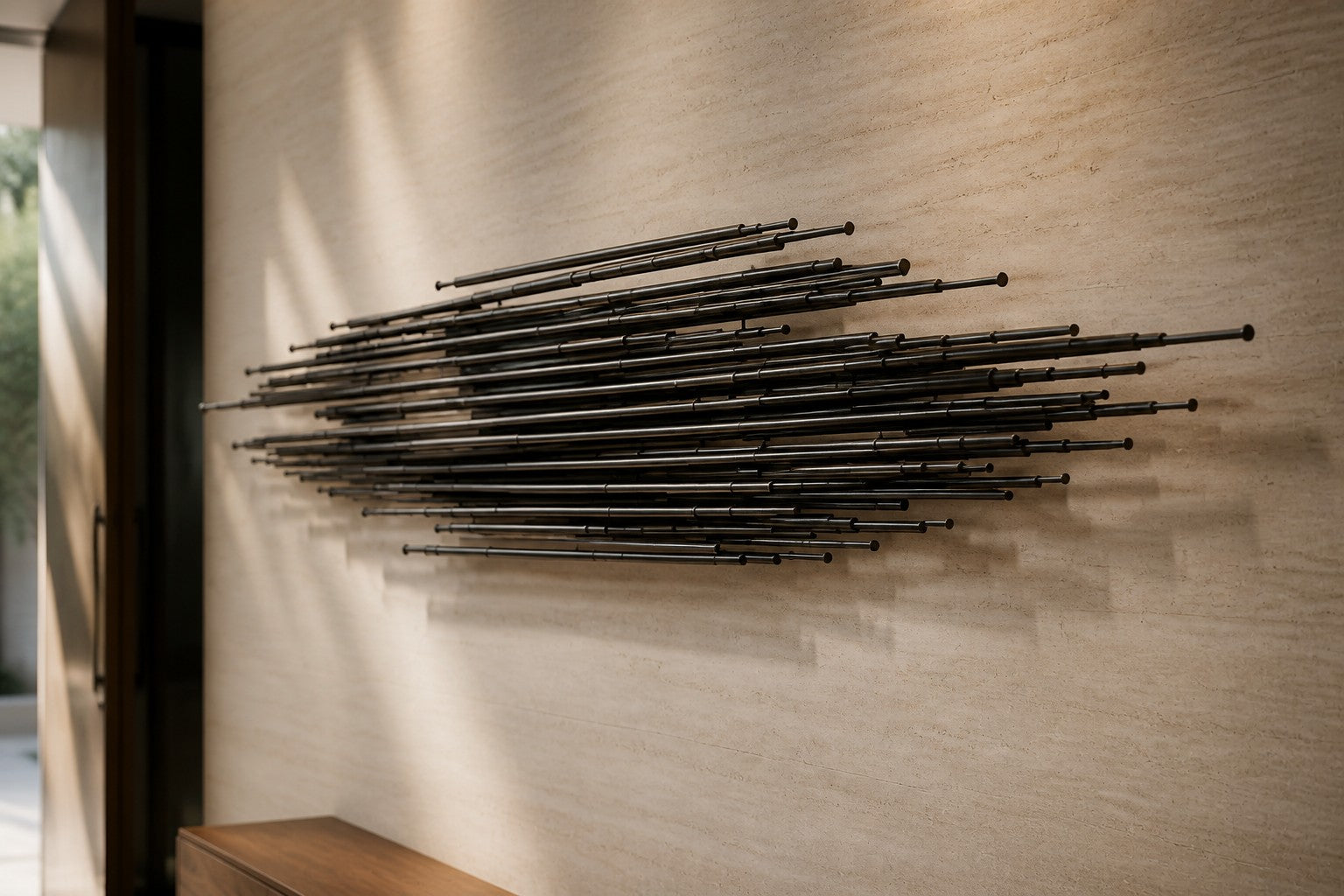 Graphite steel wall sculpture Saeta, a single tapered blade laid across a concealed rail, on a plaster wall.