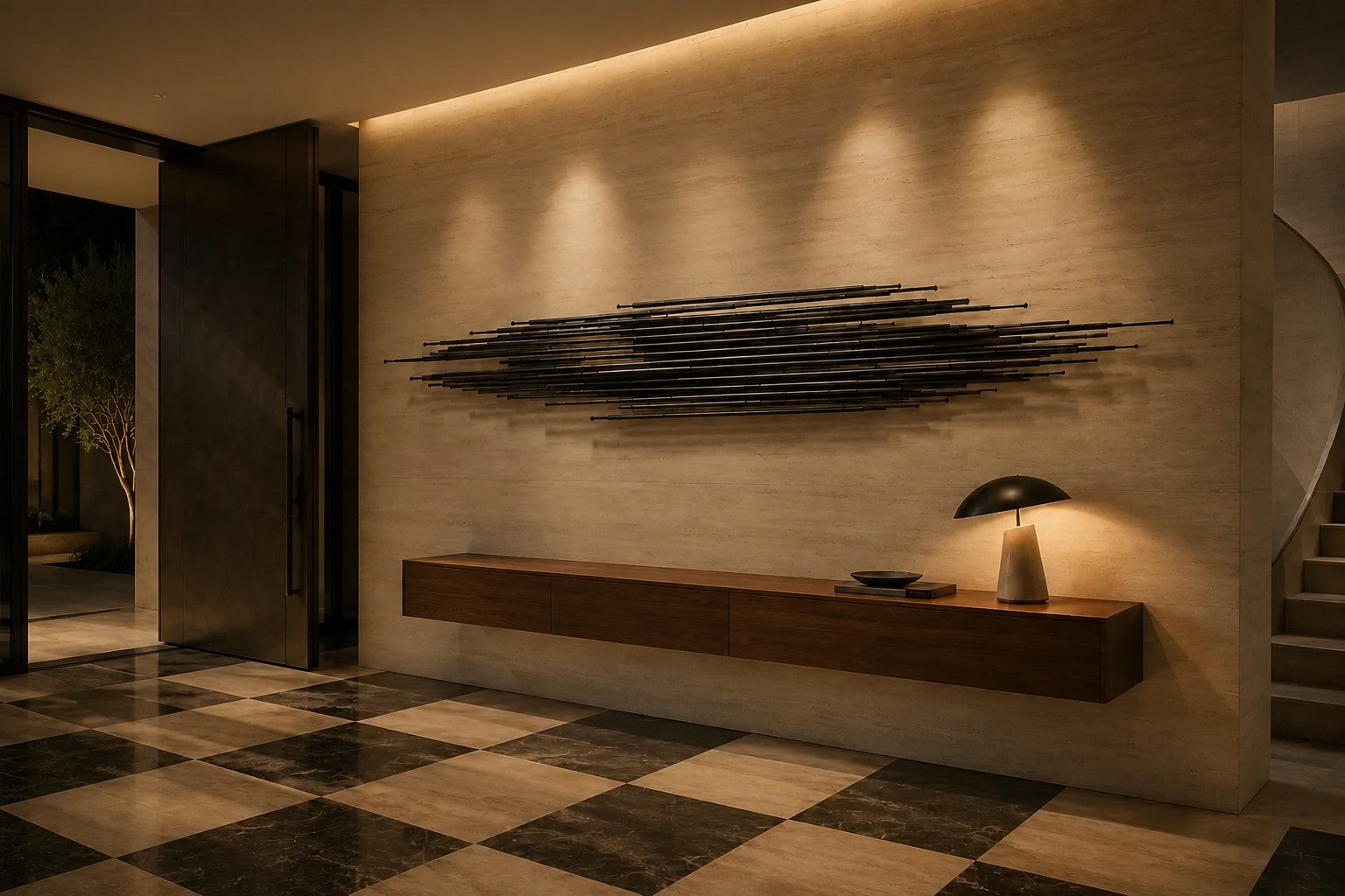 Graphite steel wall sculpture Saeta, a single tapered blade laid across a concealed rail, on a plaster wall.