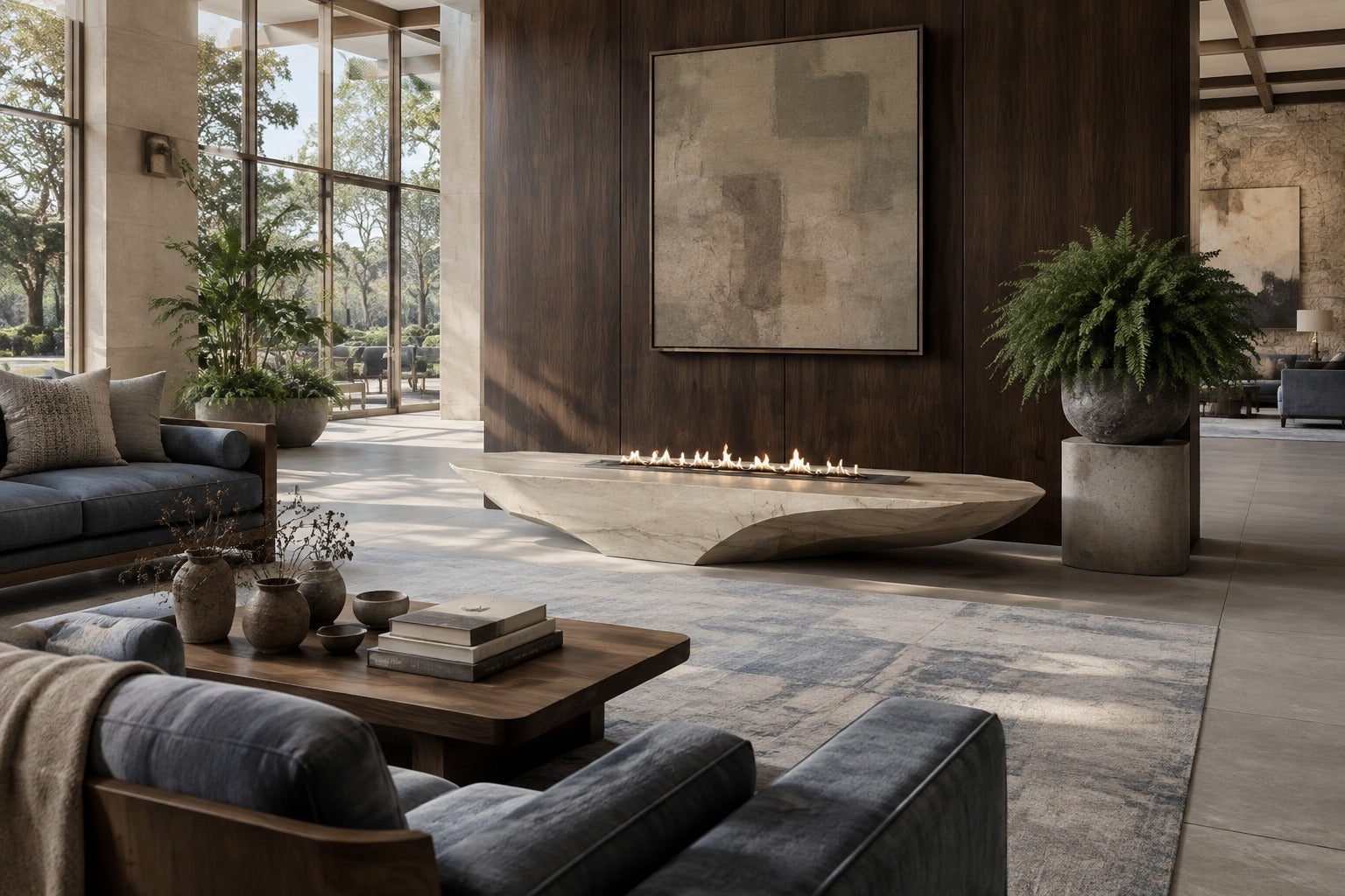 Champagne marble fire table Sahra 220, warm champagne with soft veining, on a pale stone floor.
