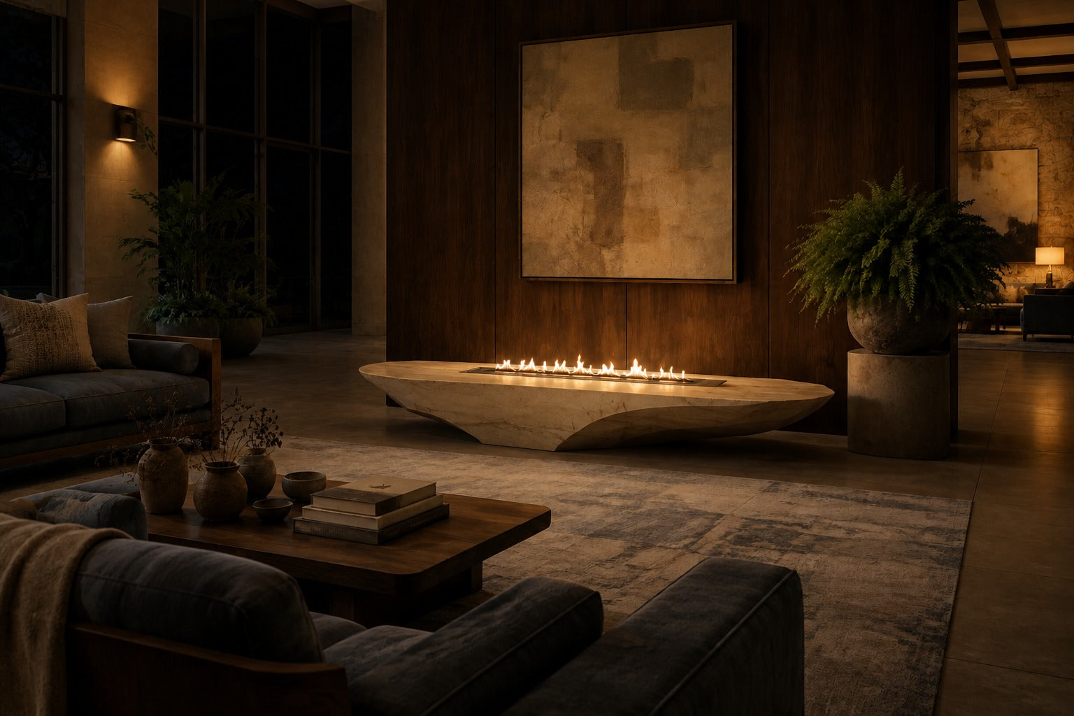 Champagne marble fire table Sahra 220, warm champagne with soft veining, on a pale stone floor.