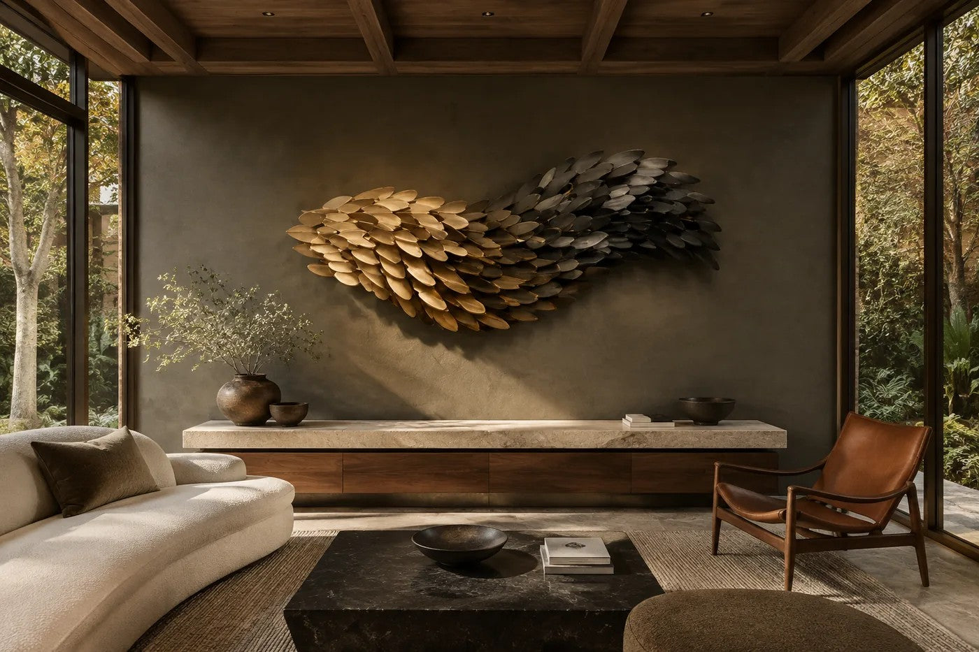 Champagne gold bronze wall sculpture Torrente, a continuous ribbon folded into running waves, on a plaster wall.