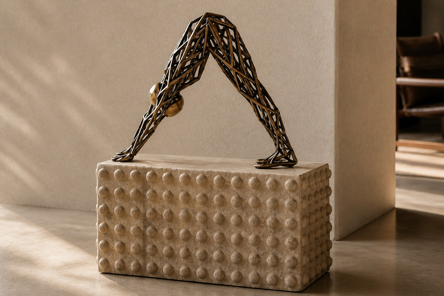 Bronze strut-cage sculpture Sbalzo forming an inverted arch, gilt and blackened, on a beaded travertine block.