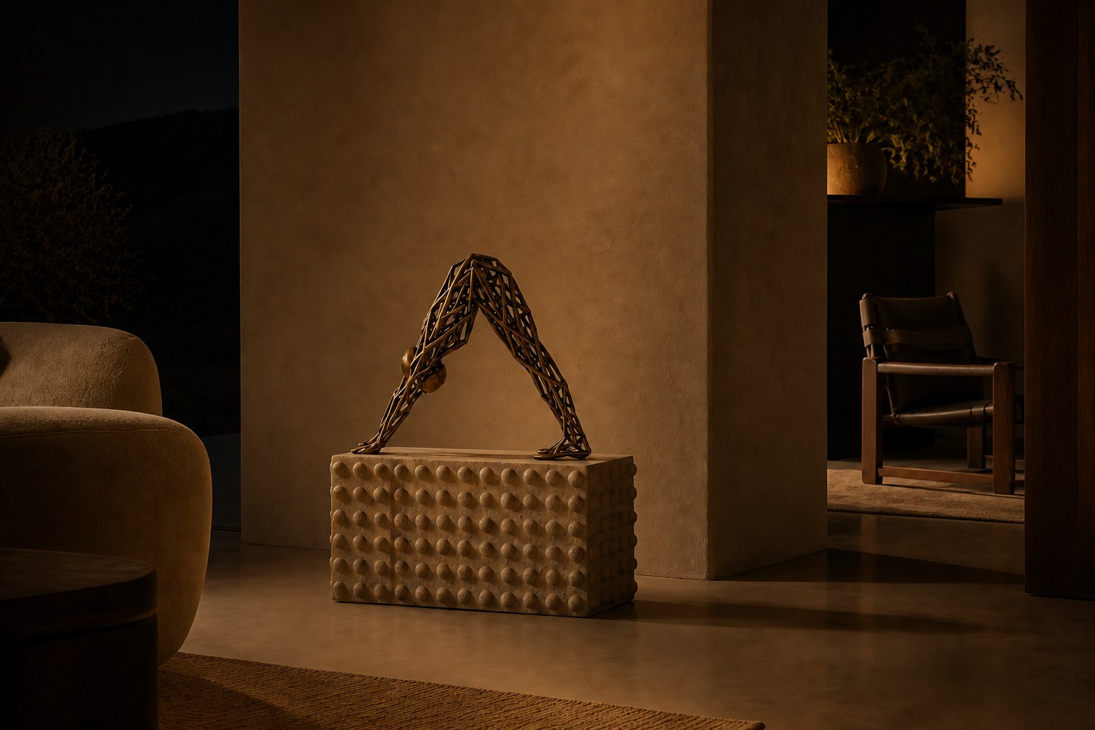 Bronze strut-cage sculpture Sbalzo forming an inverted arch, gilt and blackened, on a beaded travertine block.