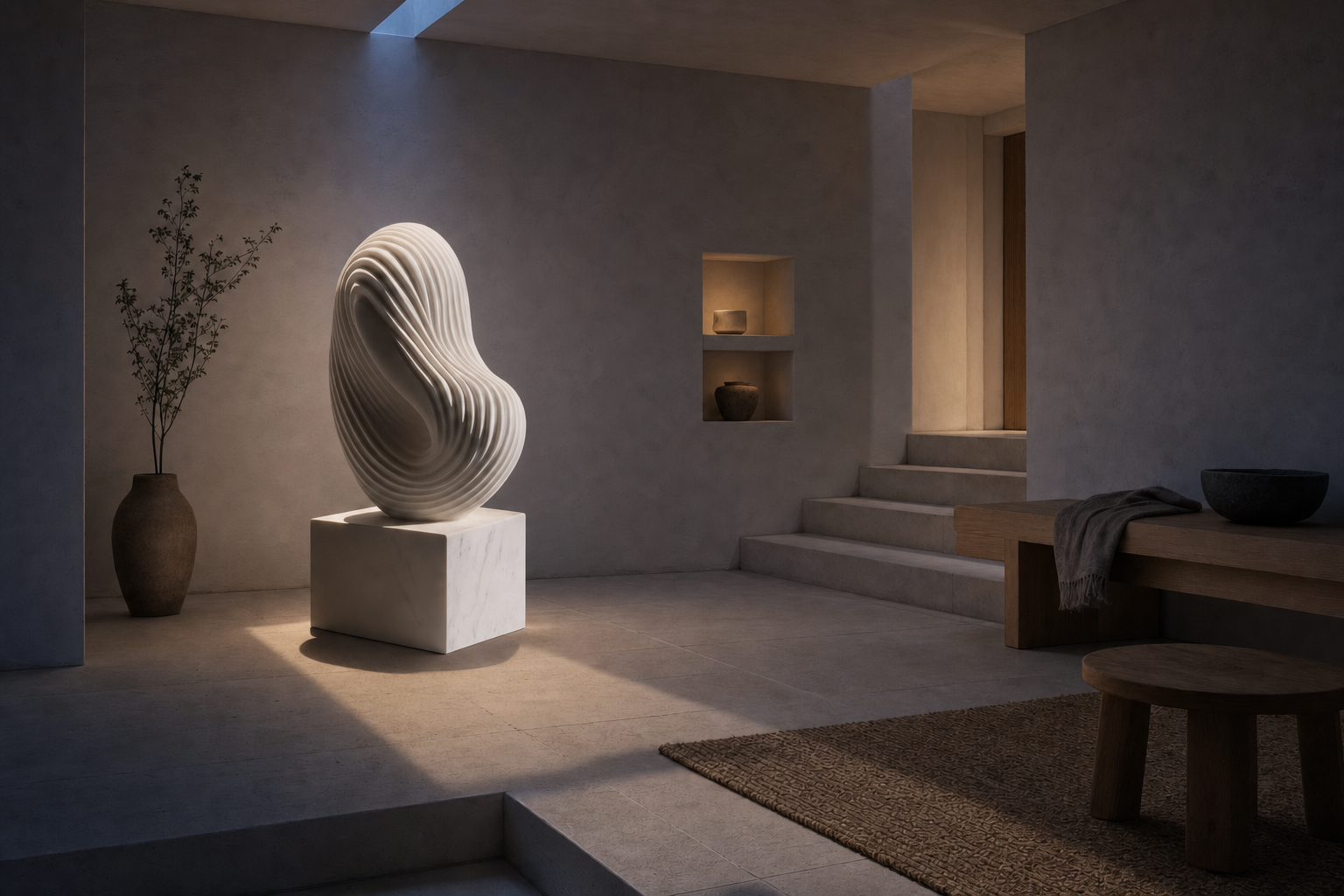 Shizuka ribbed white marble sculpture by 1-OPH