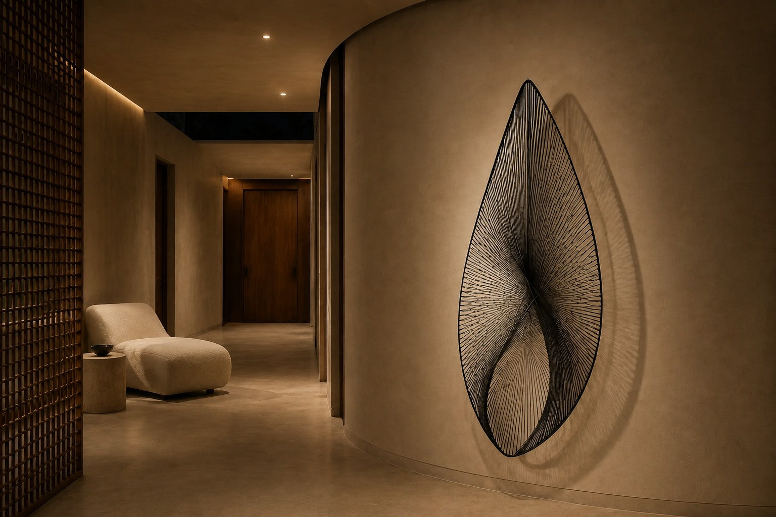 Satin steel steel wall sculpture Punta, a tapered leaf blade on a concealed bracket, on a plaster wall.