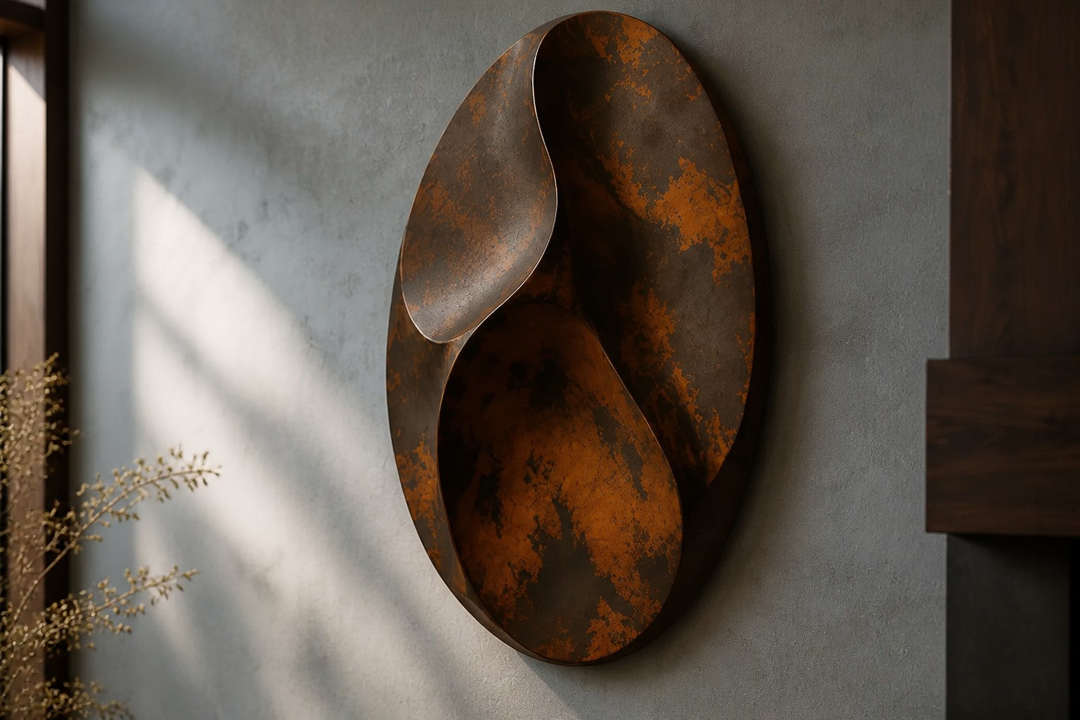Antique bronze bronze wall sculpture Suhb, three nested ovoid forms set close on one bracket, on a plaster wall.