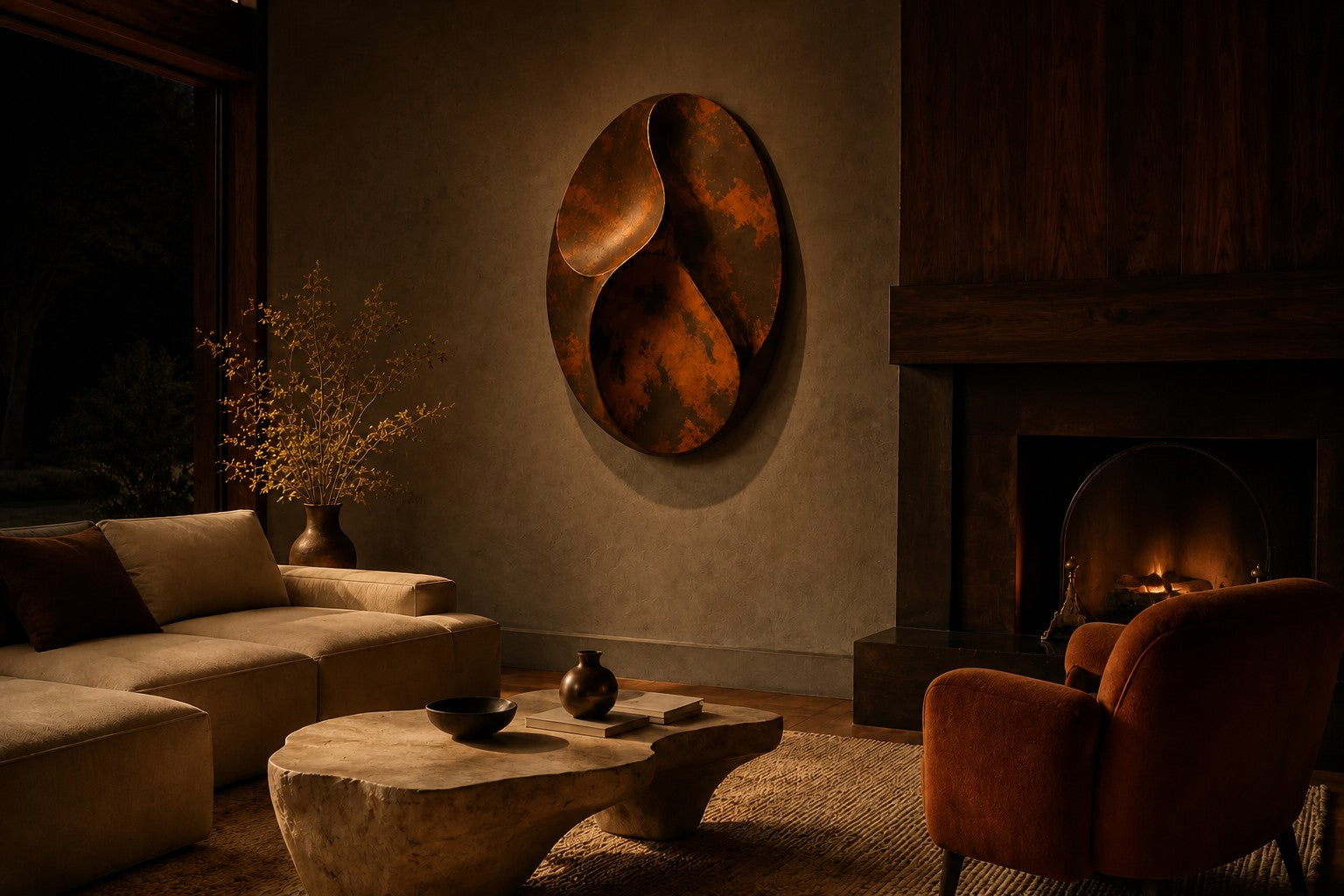 Antique bronze bronze wall sculpture Suhb, three nested ovoid forms set close on one bracket, on a plaster wall.
