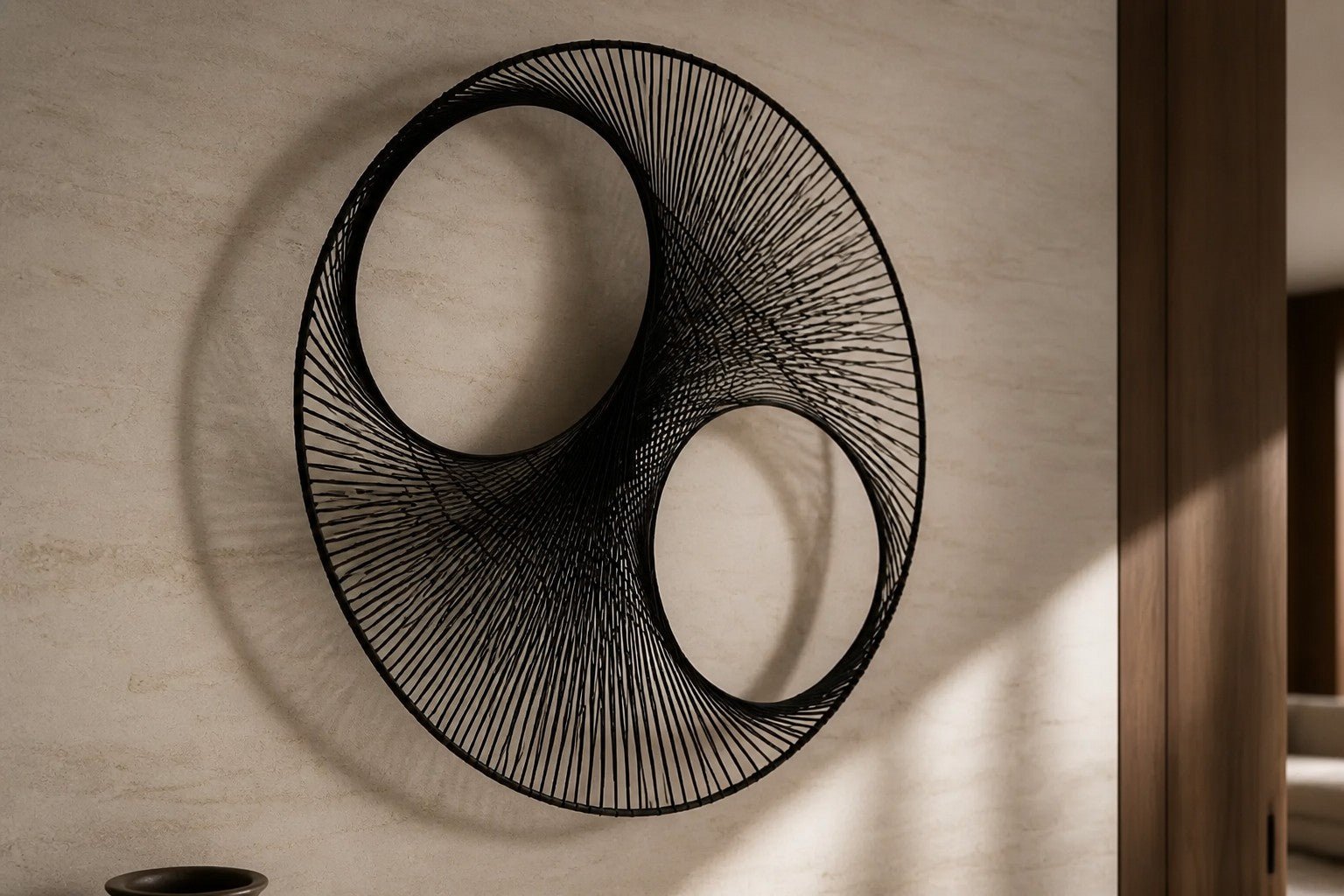 Charcoal steel wall sculpture Gemelos, two matched voids drawn in fine wire across one rim, on a plaster wall.
