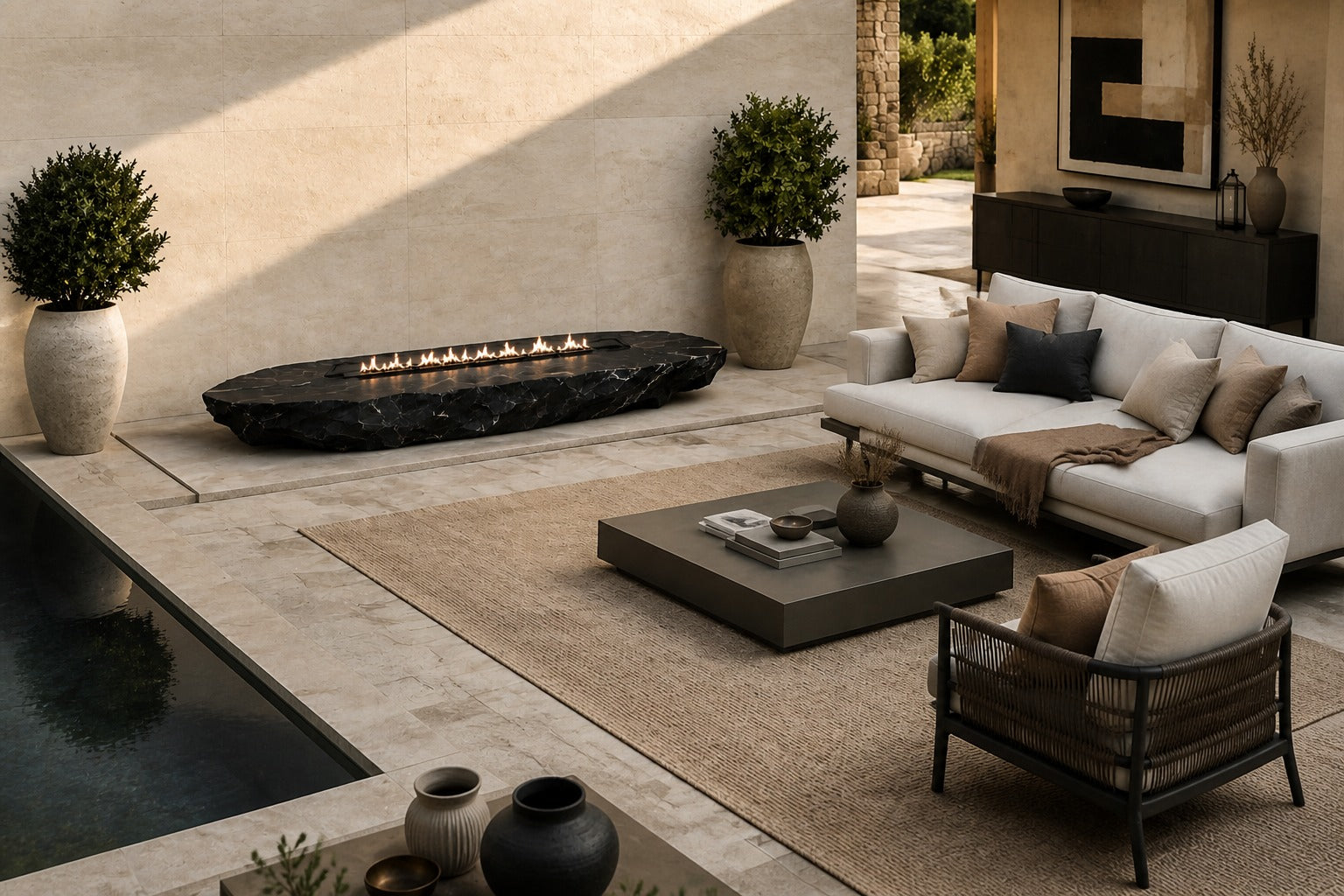 Black basalt fire table Tsukage 220, dense black with fine grey veining, on a pale stone floor.