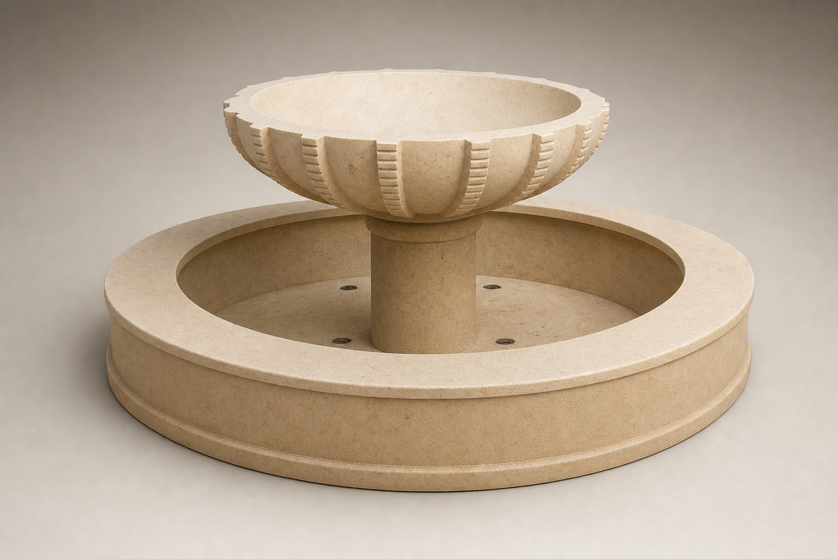 Volta limestone tiered fountain, three-quarter studio view showing its profile and base