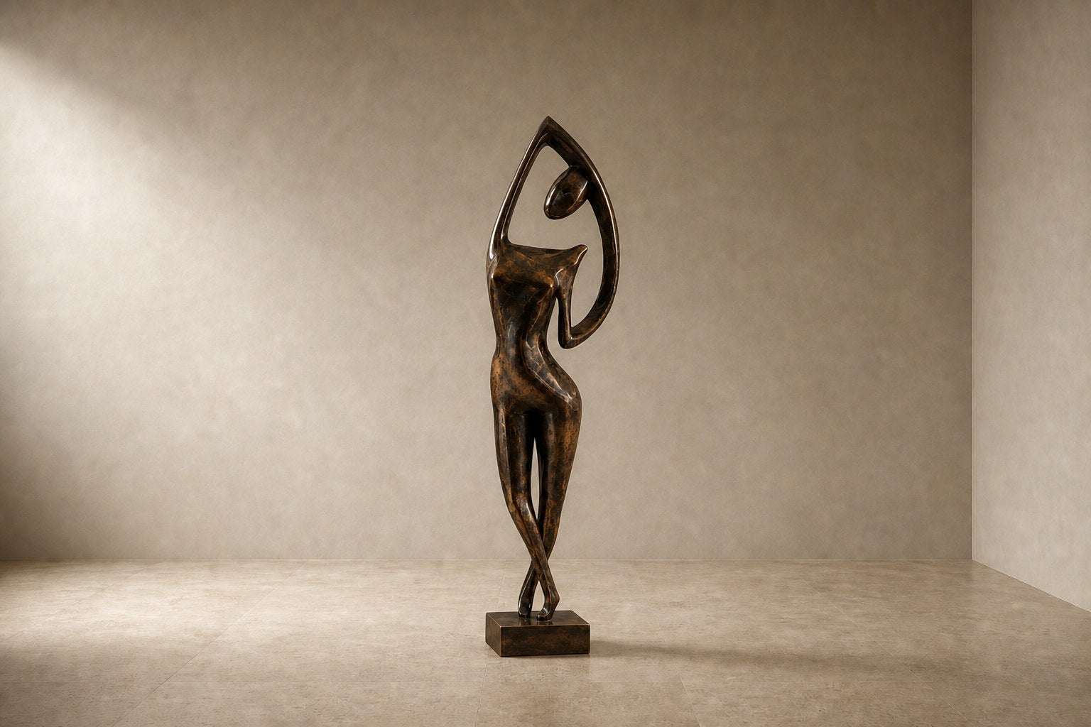 Patinated bronze figure sculpture Voluta, one arm arced overhead into a closed loop, on a small bronze block base.