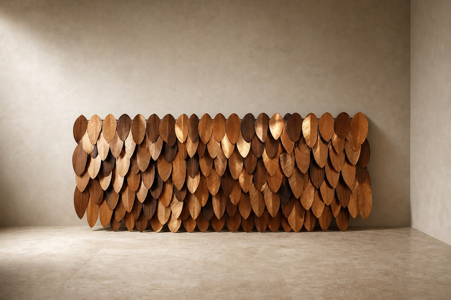 Wide panel of overlapping leaf forms in graded brown tones, leaning against a plaster wall.