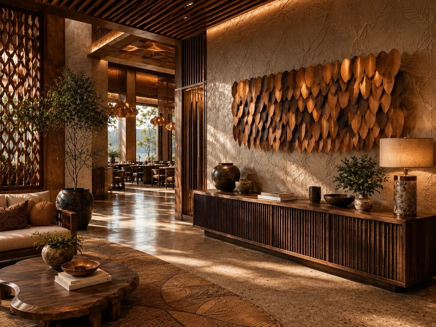 Wide panel of overlapping leaf forms in graded brown tones, leaning against a plaster wall.