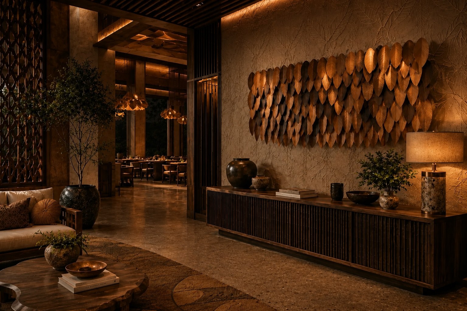 Wide panel of overlapping leaf forms in graded brown tones, leaning against a plaster wall.