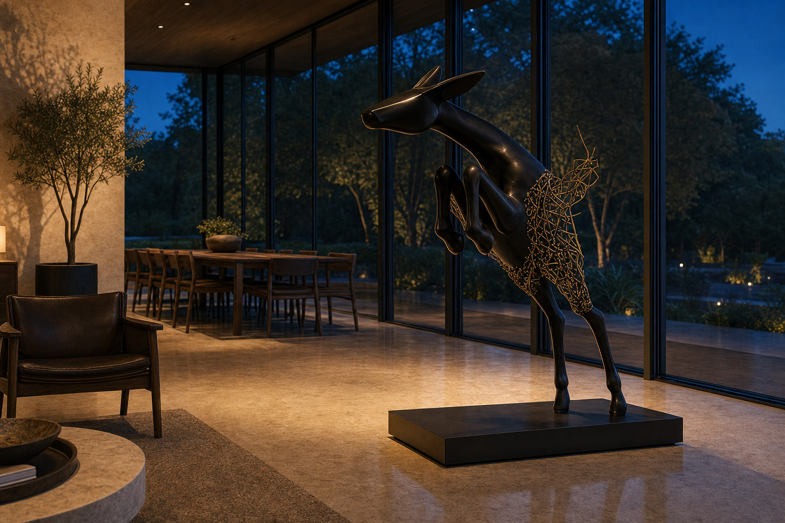 Wayra leaping bronze deer sculpture by 1-OPH