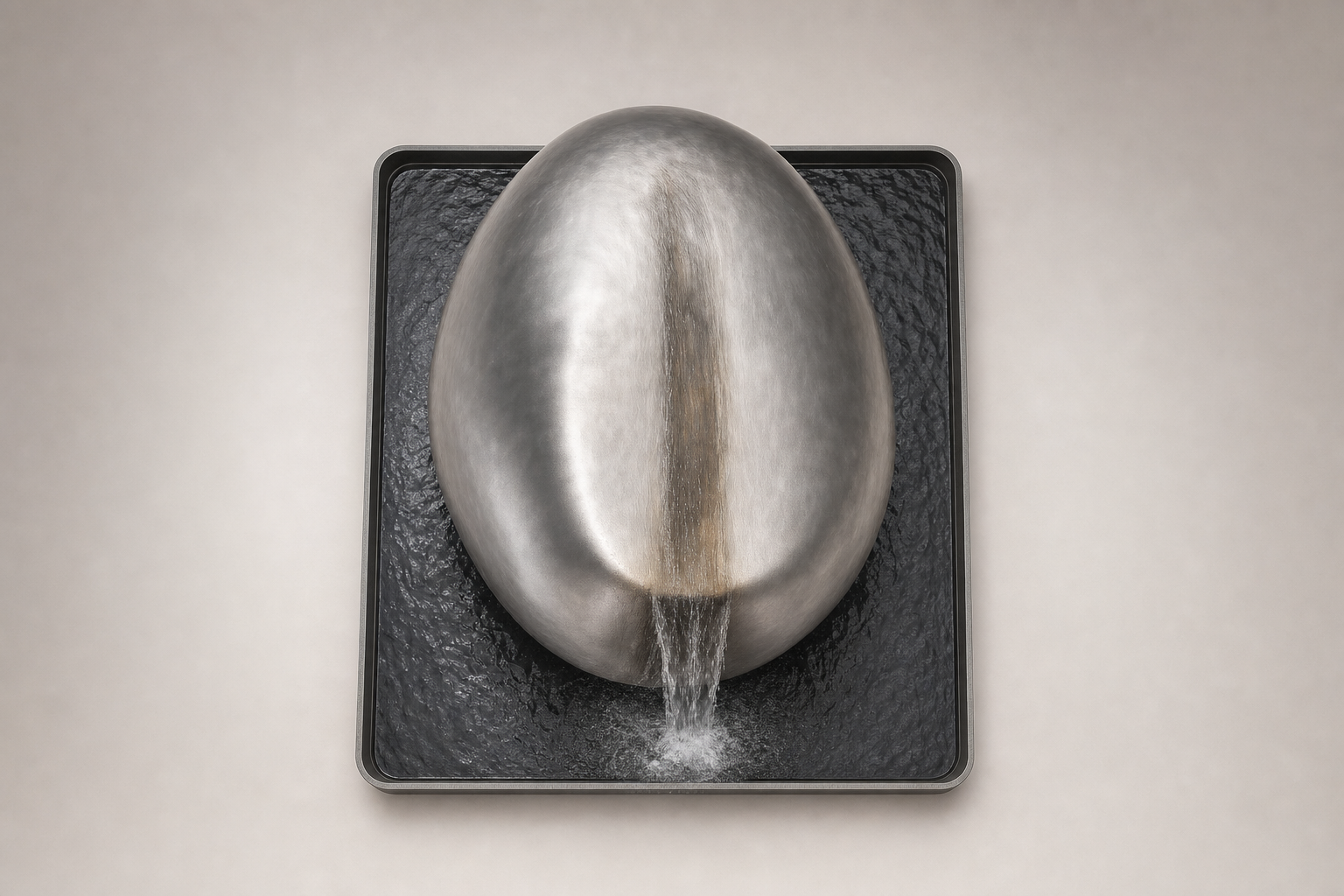 Yaku stainless steel water feature by 1-OPH, overhead view of the trough
