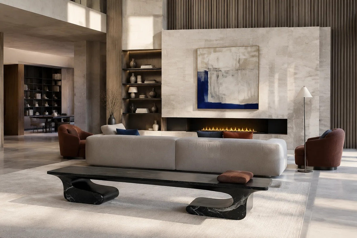Black stone bench Yutori 180, deep black with white veining, on a pale stone floor.