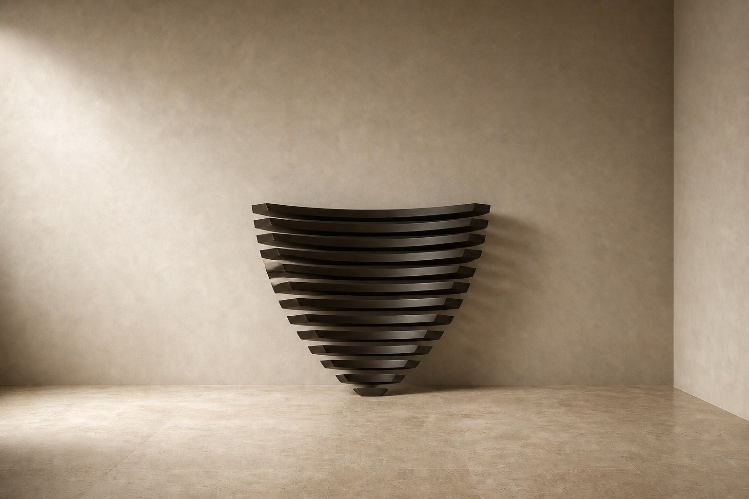 Stacked curved bronze blades tapering downward to a point, mounted on a plaster wall.