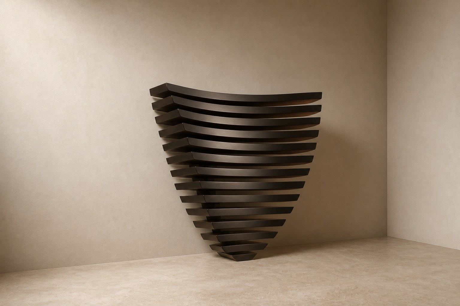 Stacked curved bronze blades tapering downward to a point, mounted on a plaster wall.