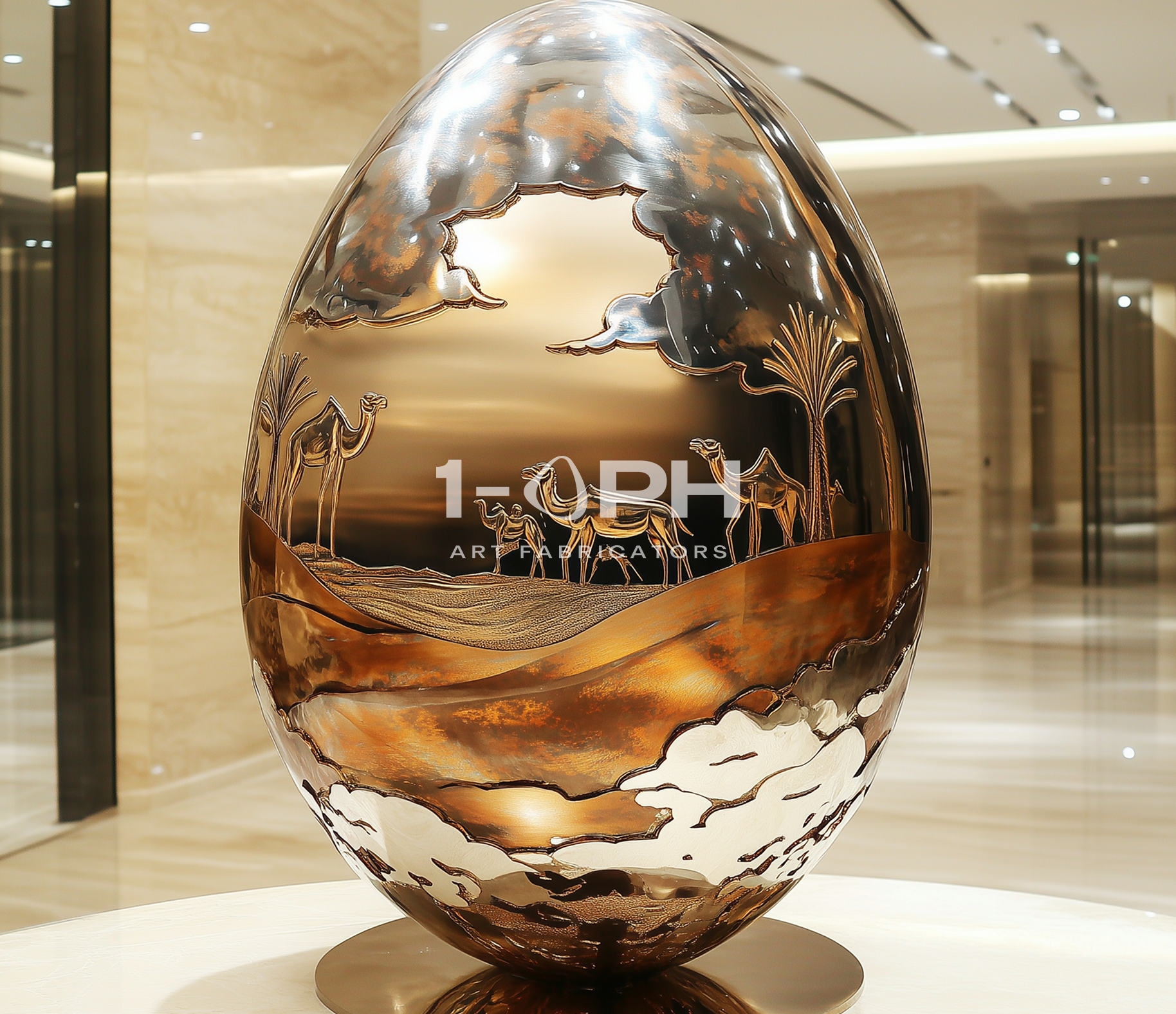 Desert Reverie — Engraved Stainless Steel Egg Sculpture