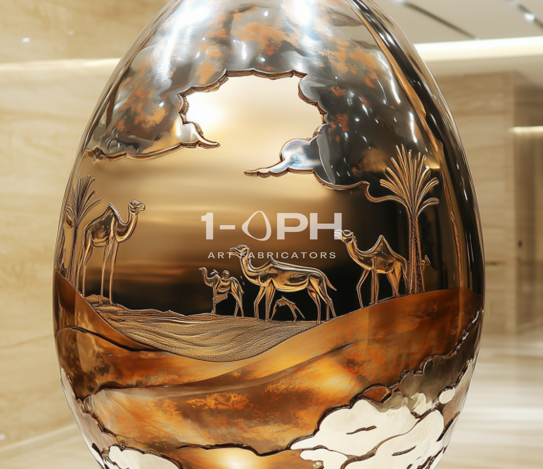Desert Reverie — Engraved Stainless Steel Egg Sculpture