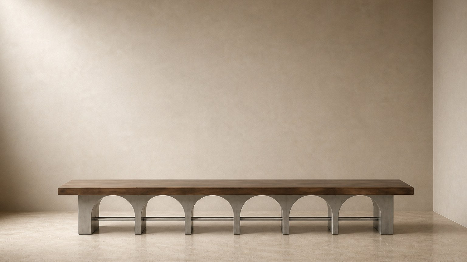 Stone bench Descanso 240, warm walnut seat, pale stone arcade, on a pale stone floor.