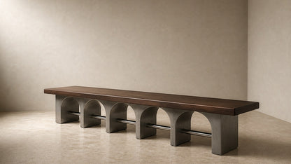 Stone bench Descanso 240, warm walnut seat, pale stone arcade, on a pale stone floor.
