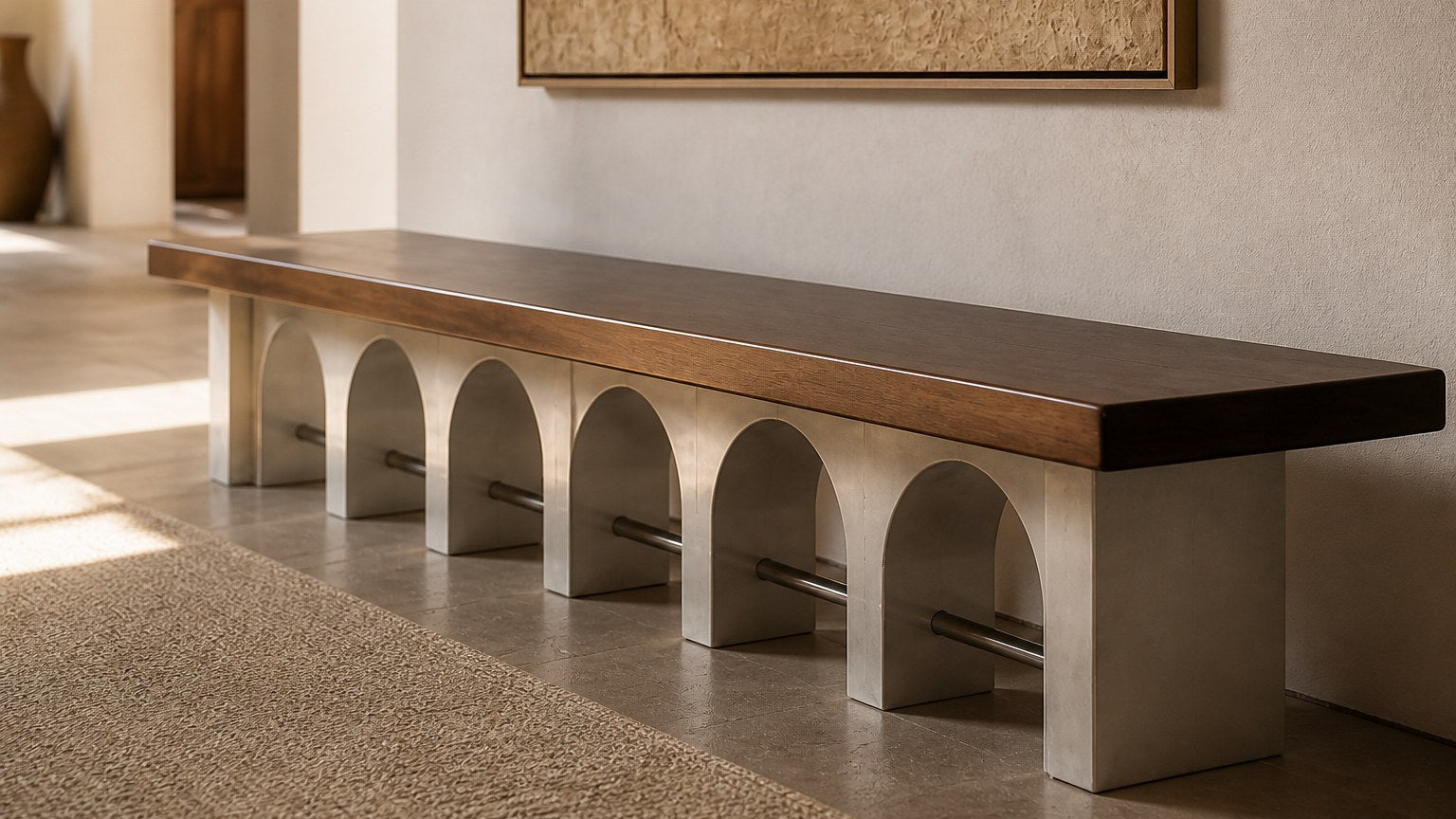 Stone bench Descanso 240, warm walnut seat, pale stone arcade, on a pale stone floor.