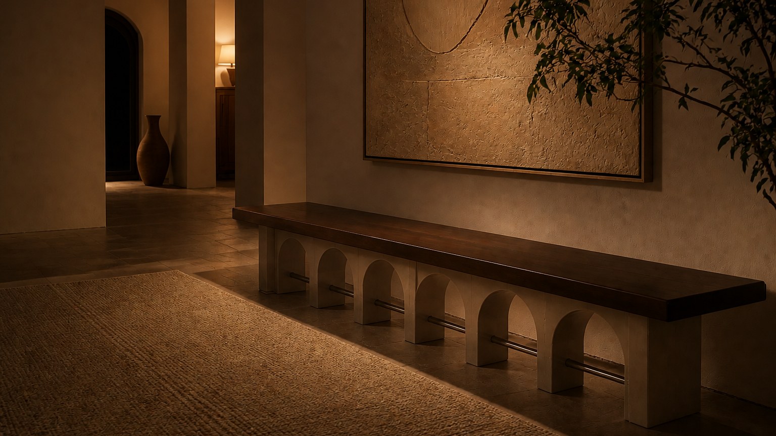 Stone bench Descanso 240, warm walnut seat, pale stone arcade, on a pale stone floor.