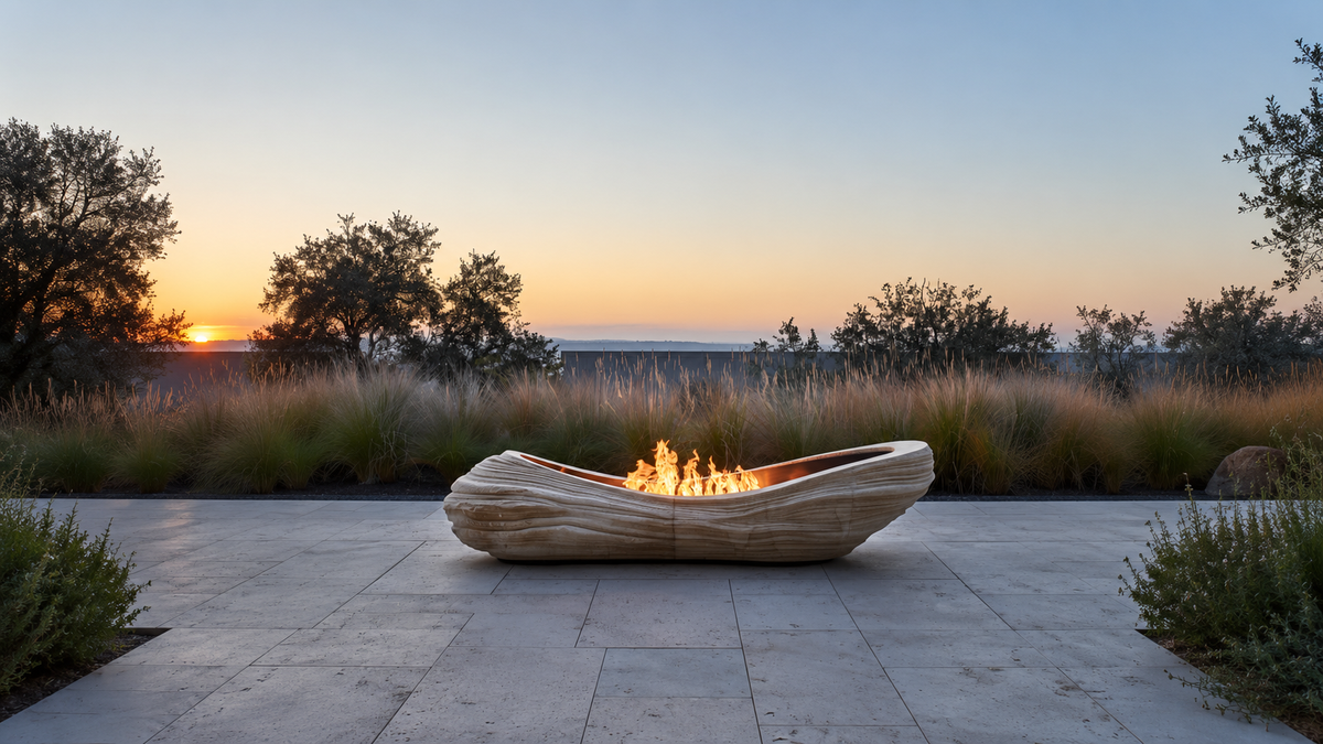 A 1-OPH outdoor stone fireplace installed on a terrace