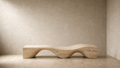 Travertine bench Hudu 180, warm cream with open pitting, on a pale stone floor.
