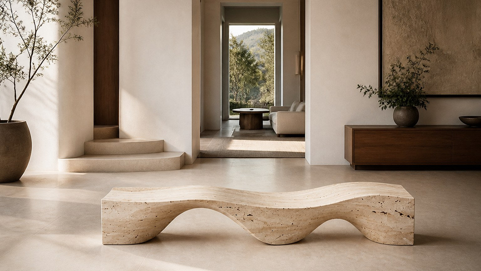 Travertine bench Hudu 180, warm cream with open pitting, on a pale stone floor.