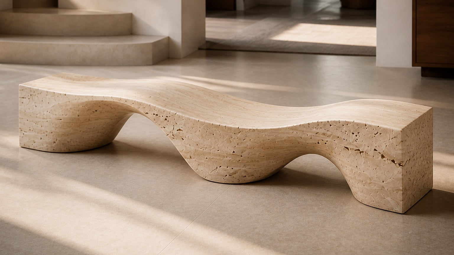 Travertine bench Hudu 180, warm cream with open pitting, on a pale stone floor.