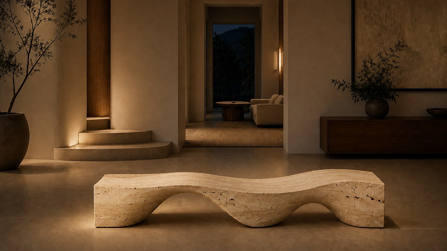 Travertine bench Hudu 180, warm cream with open pitting, on a pale stone floor.