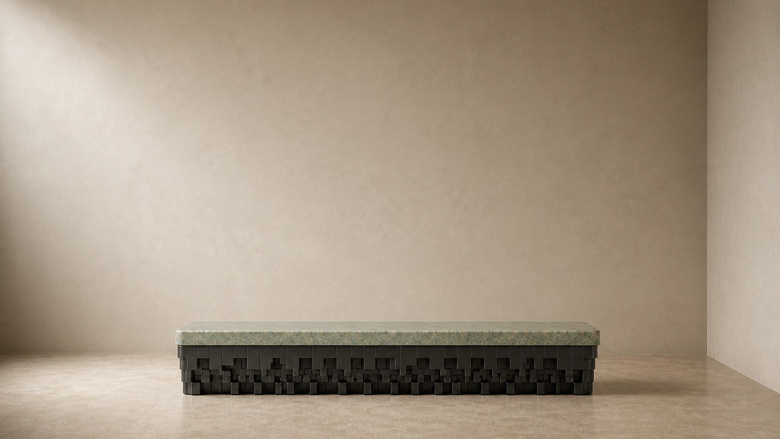 Green marble bench Layan 180, pale green seat, blackened base, on a pale stone floor.