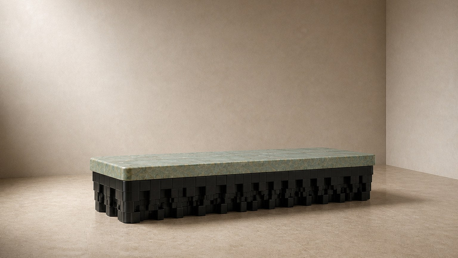 Green marble bench Layan 180, pale green seat, blackened base, on a pale stone floor.