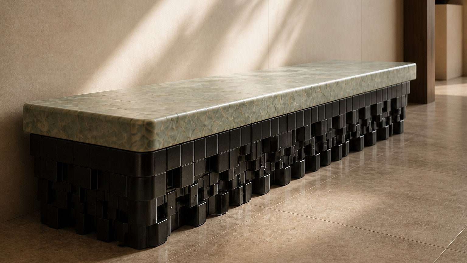 Green marble bench Layan 180, pale green seat, blackened base, on a pale stone floor.