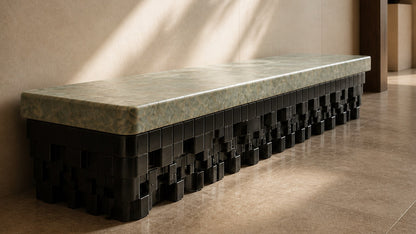 Green marble bench Layan 180, pale green seat, blackened base, on a pale stone floor.