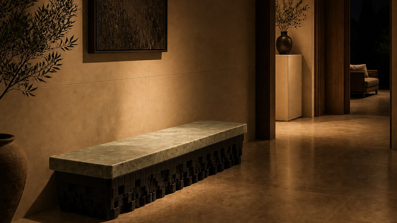 Green marble bench Layan 180, pale green seat, blackened base, on a pale stone floor.