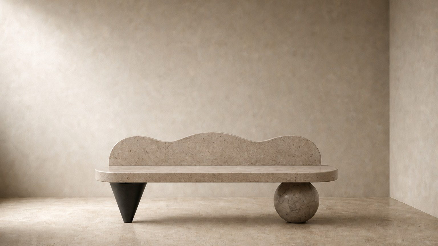 Cream stone bench Quieto 180, warm cream, blackened cone, on a pale stone floor.
