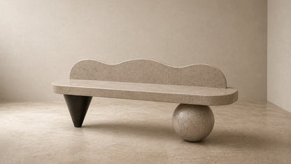 Cream stone bench Quieto 180, warm cream, blackened cone, on a pale stone floor.
