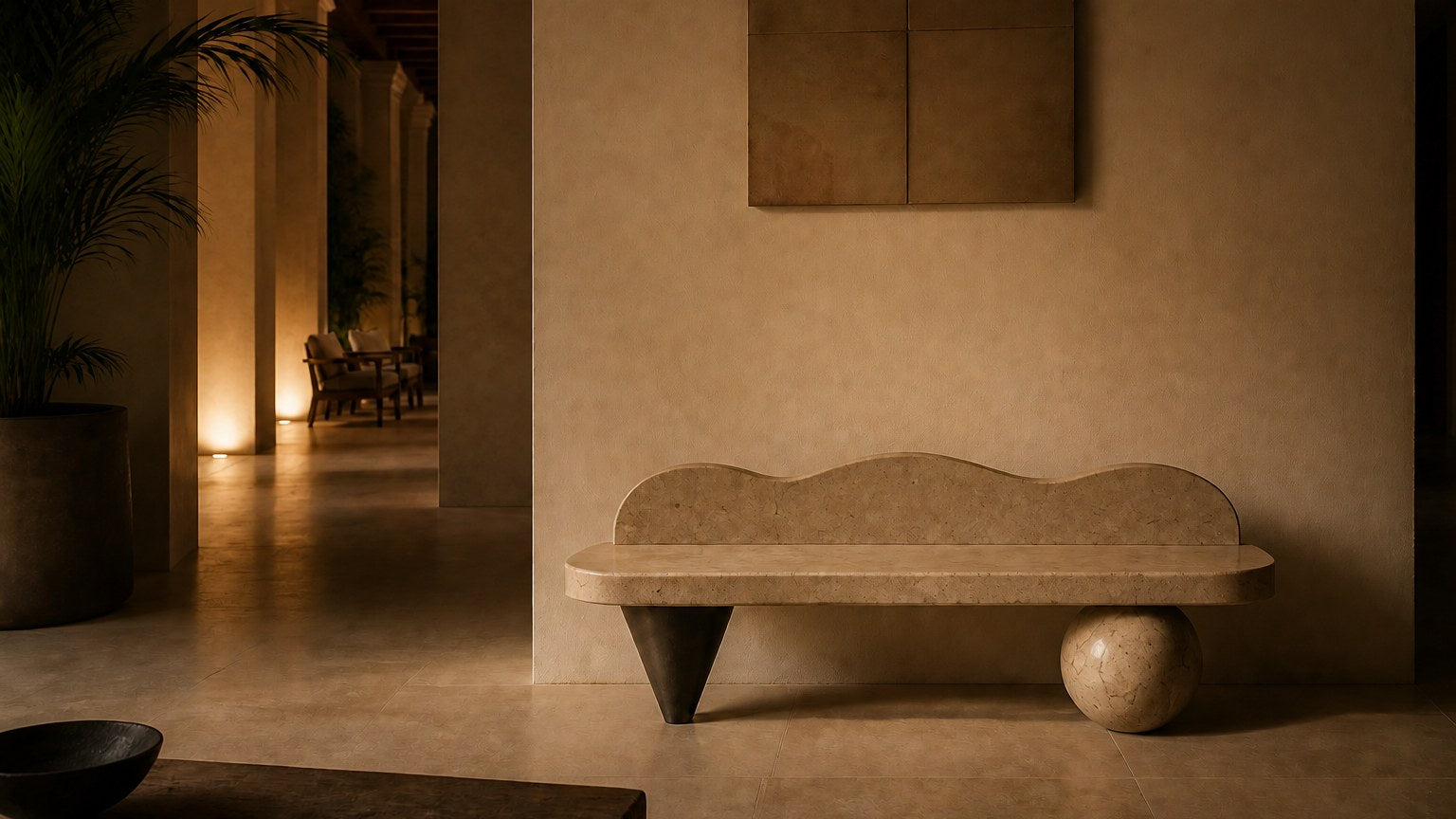 Cream stone bench Quieto 180, warm cream, blackened cone, on a pale stone floor.