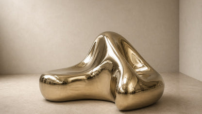 Bronze bench Raha 150, warm polished bronze, on a pale stone floor.