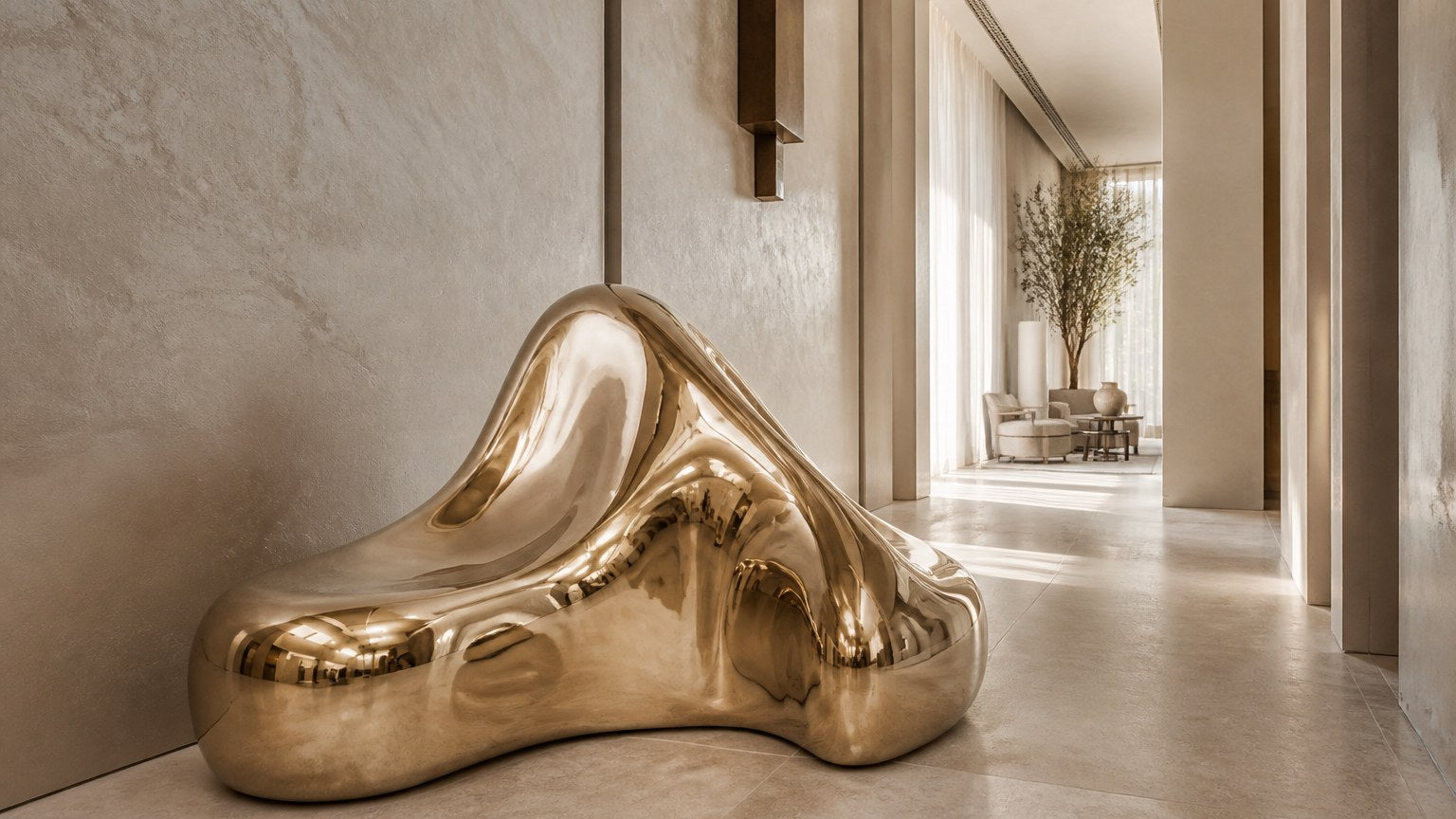 Bronze bench Raha 150, warm polished bronze, on a pale stone floor.