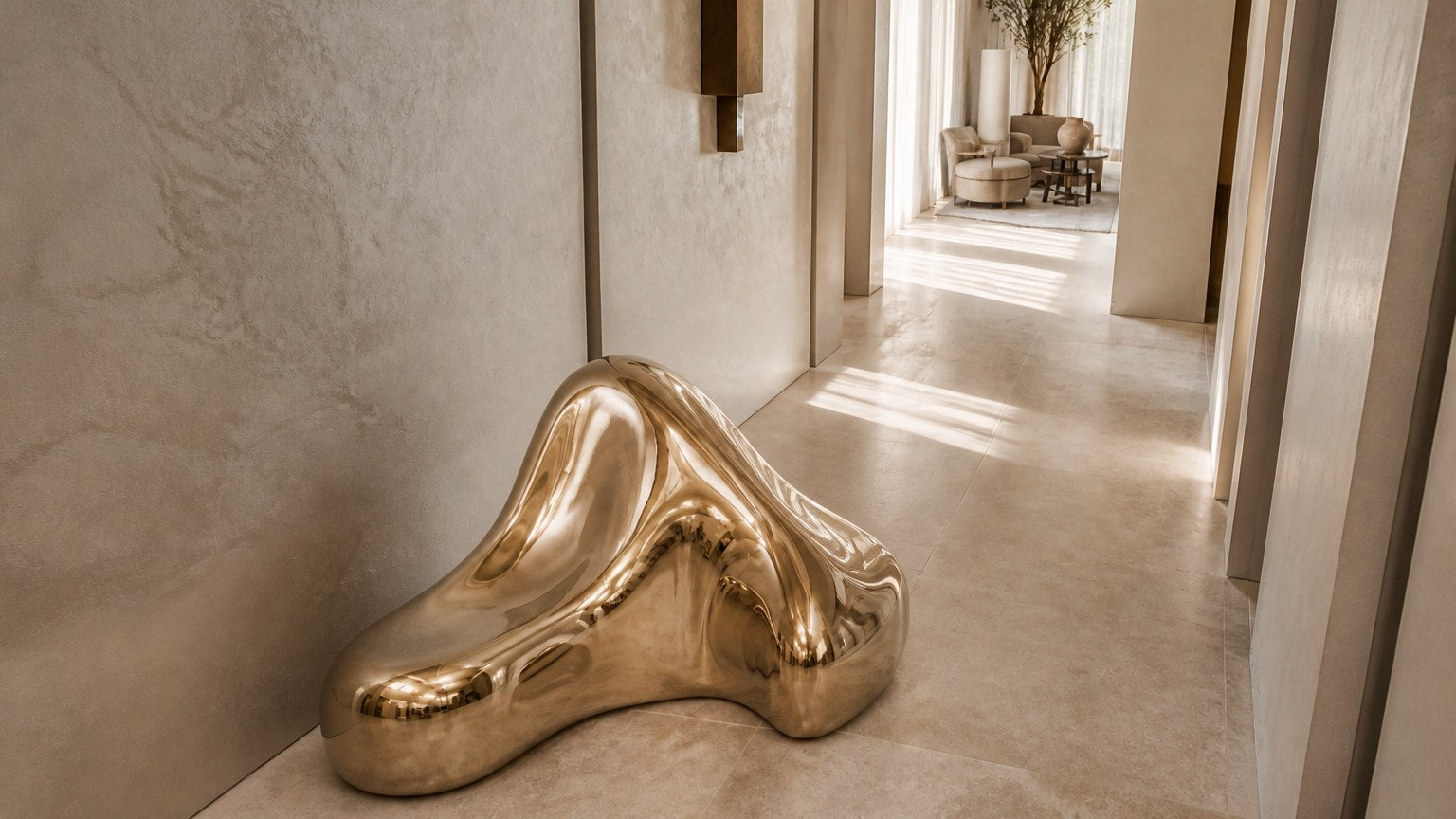 Bronze bench Raha 150, warm polished bronze, on a pale stone floor.
