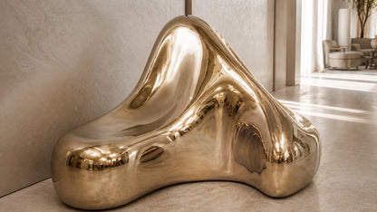 Bronze bench Raha 150, warm polished bronze, on a pale stone floor.