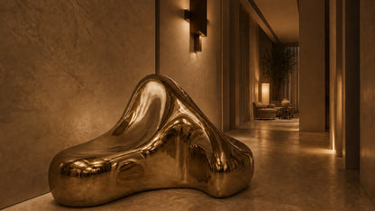 Bronze bench Raha 150, warm polished bronze, on a pale stone floor.