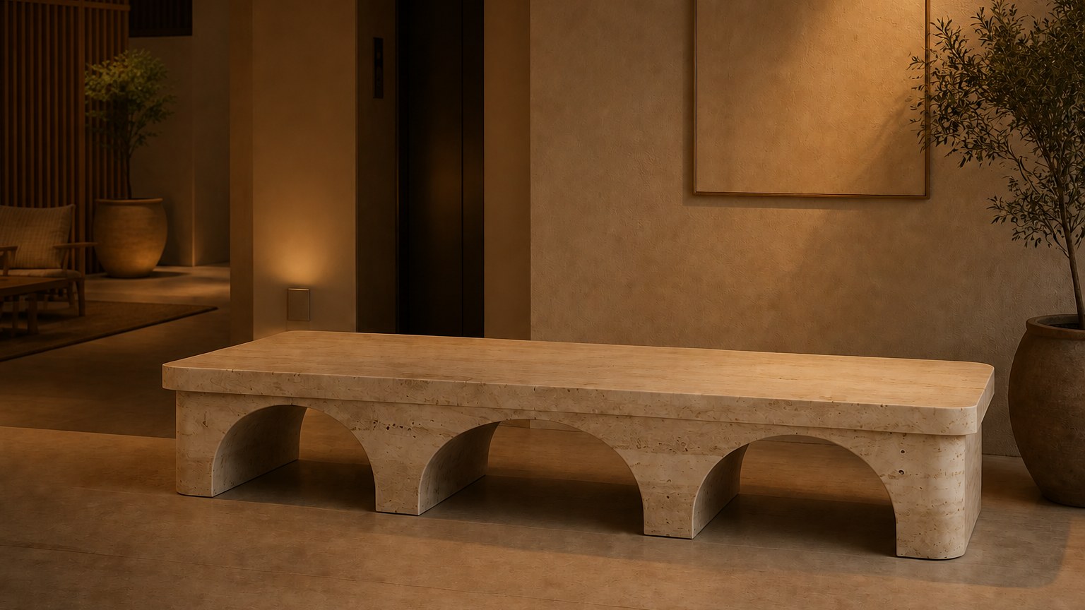 Limestone bench Reposo 180, warm cream, on a pale stone floor.