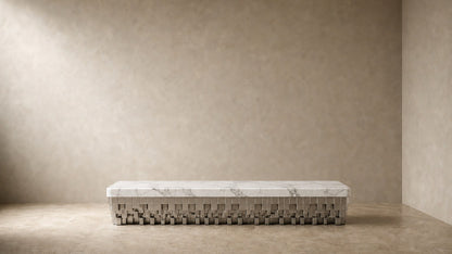 White marble bench Sabat 180, white with grey veining, pale base, on a pale stone floor.